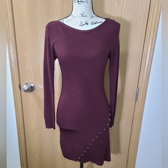 White House Black Market Burgundy Knit Asymmetrical Gold Button Sweater Dress - Picture 3 of 5